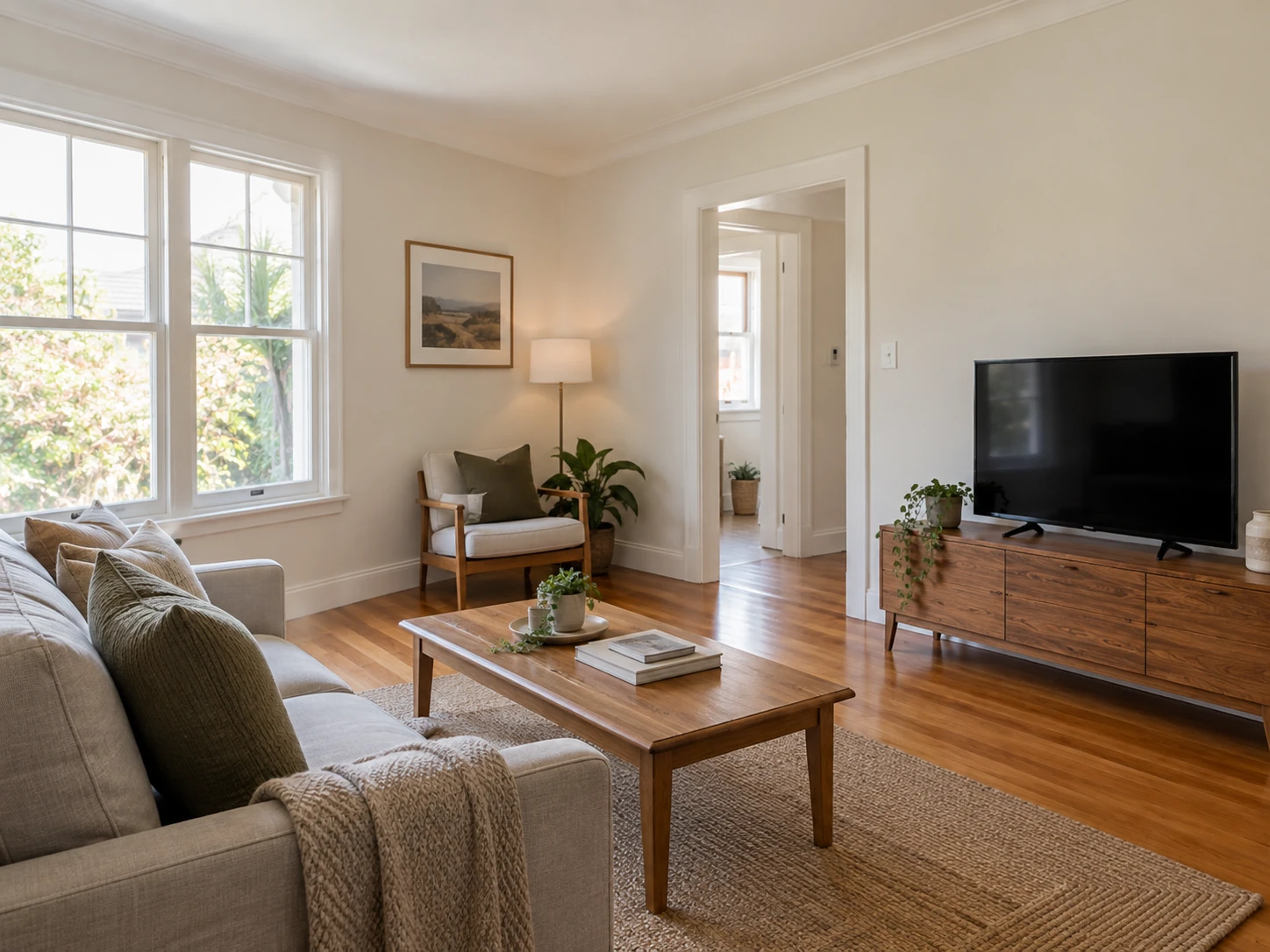 Freshly painted living room with warm white walls
