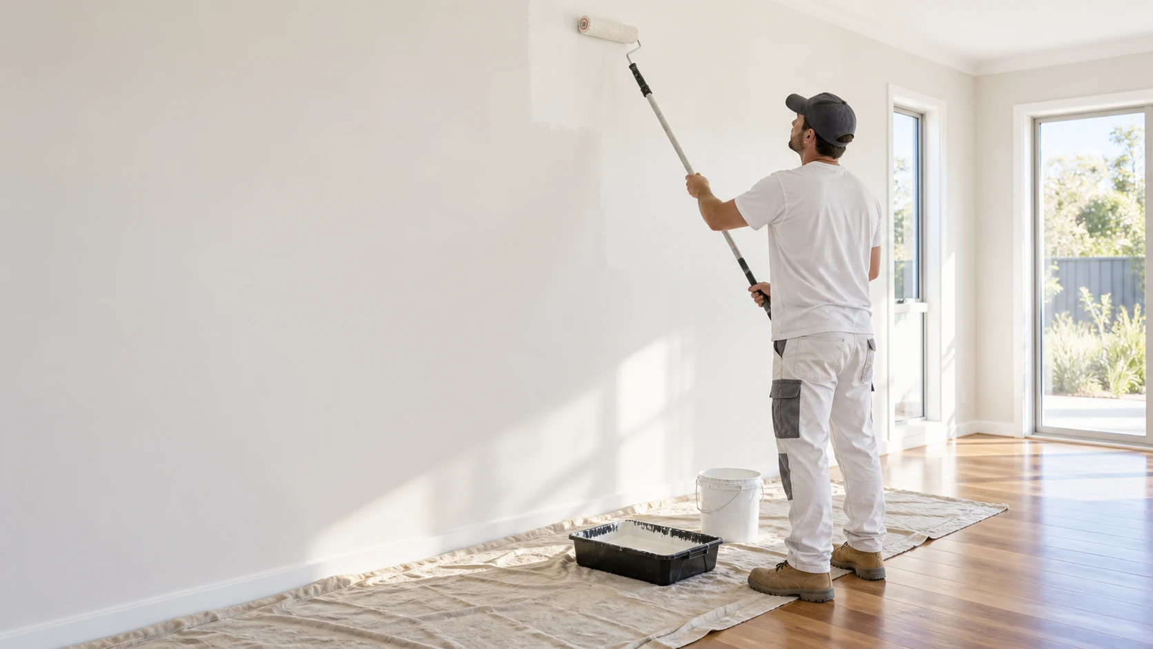 Painter rolling a warm white wall in a bright empty room