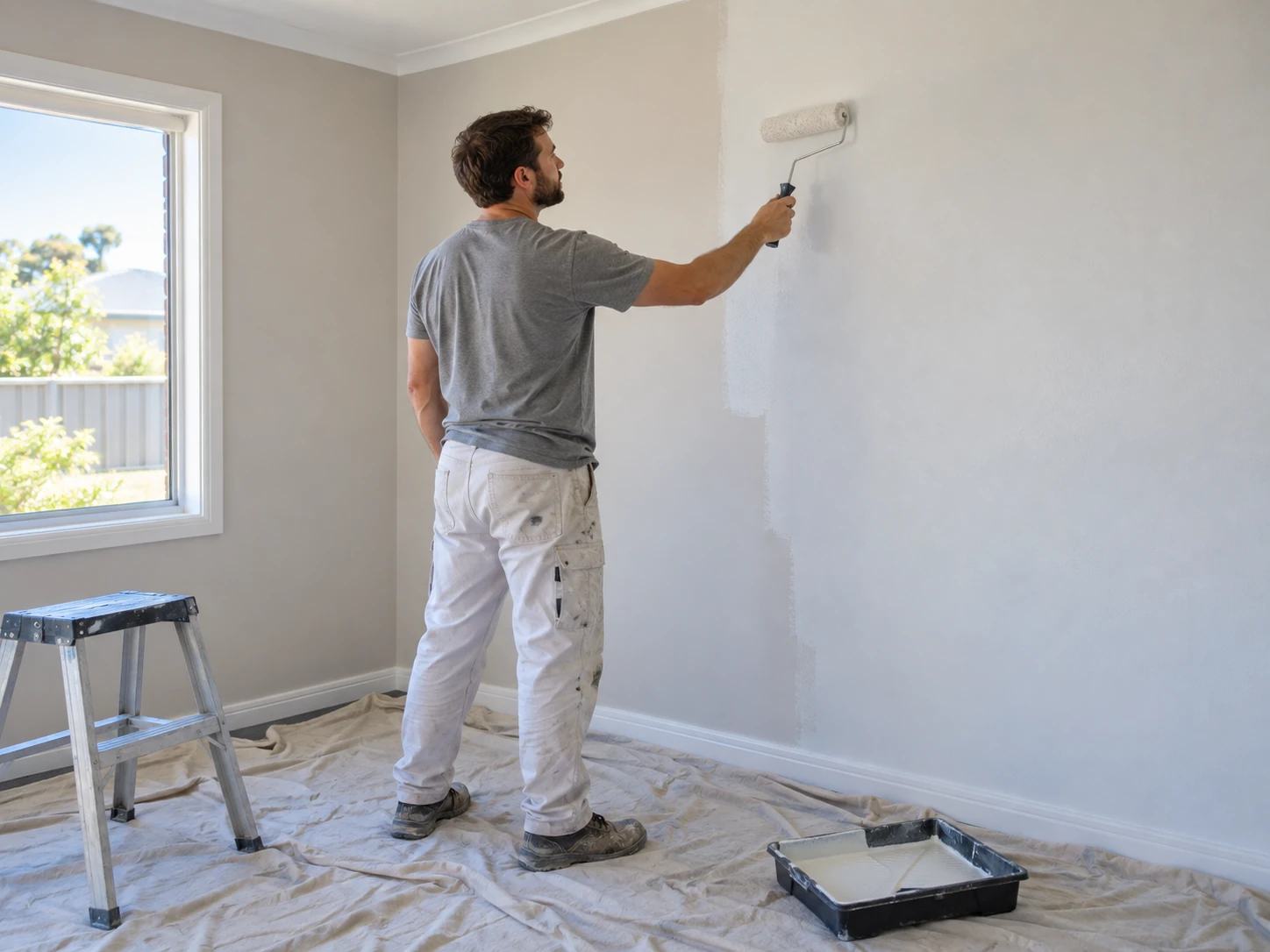Painter using a roller in a residential room with drop sheets