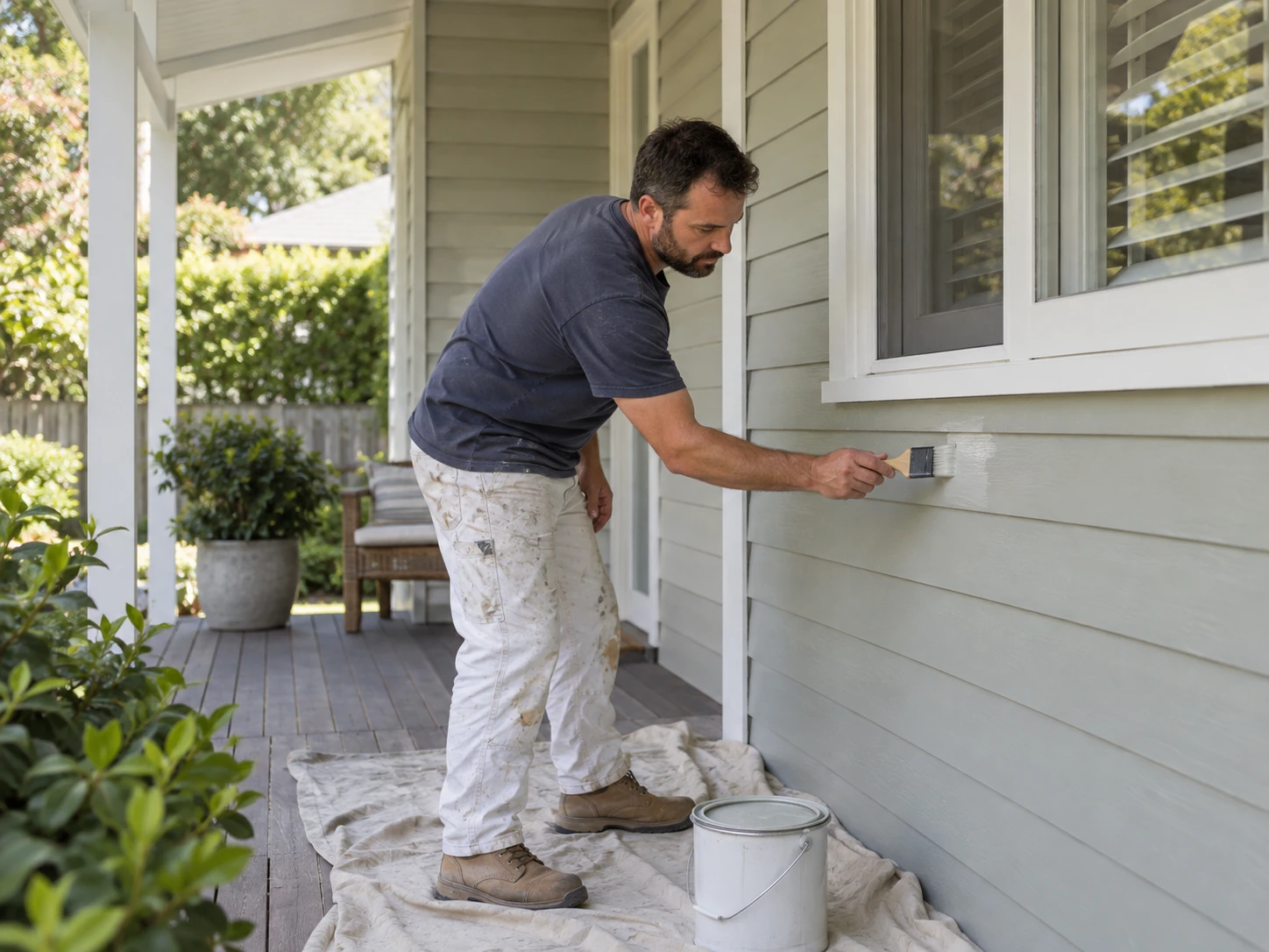 Painter brushing weatherboards beneath a veranda